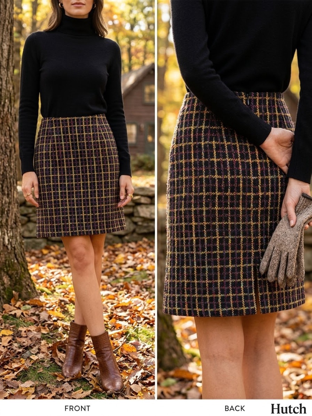 Anthropologie Hutch  Black and Gold Plaid Career Preppy Tweed Mini Skirt SZ XS